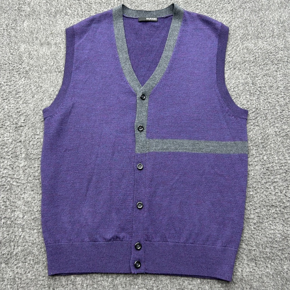 Murano Sweater  Vest Mens M Merino Wool Neck Grandpa Button Golf Purple